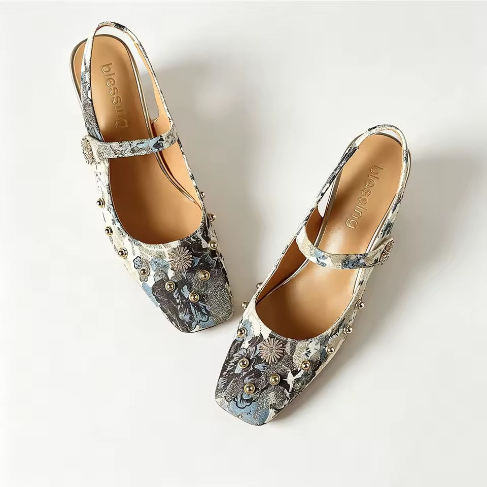 Tamia Blue Floral Mary Jane Block Heel Slingbacks