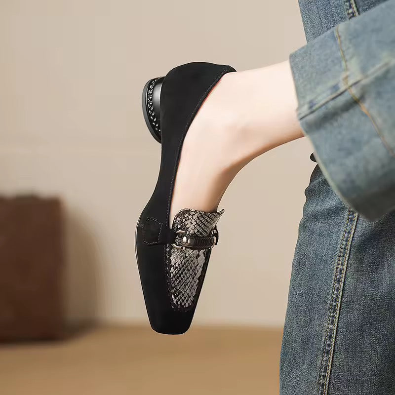 Arabella Black Suede Low-Heeled Silver Animal Print Loafers