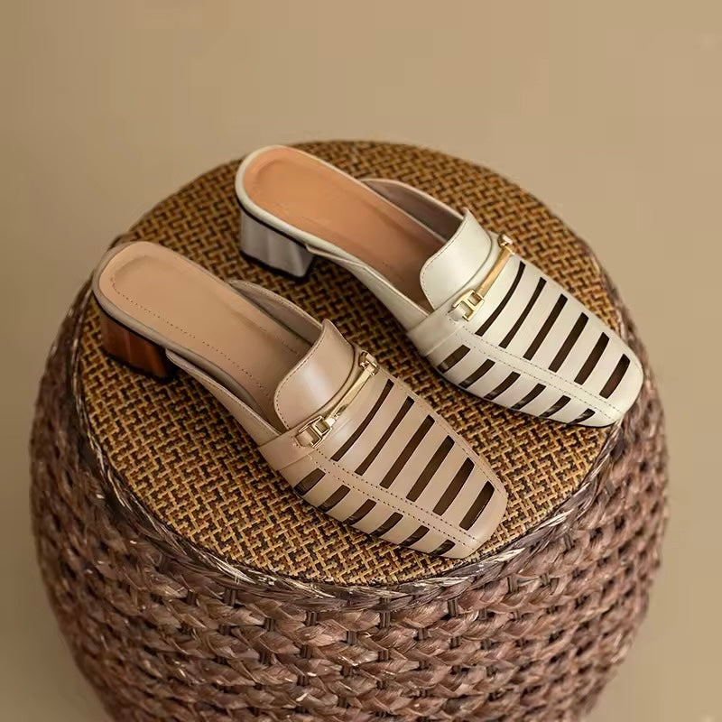 Mercy Beige Cut-Out Mid Height Block Heel Mules