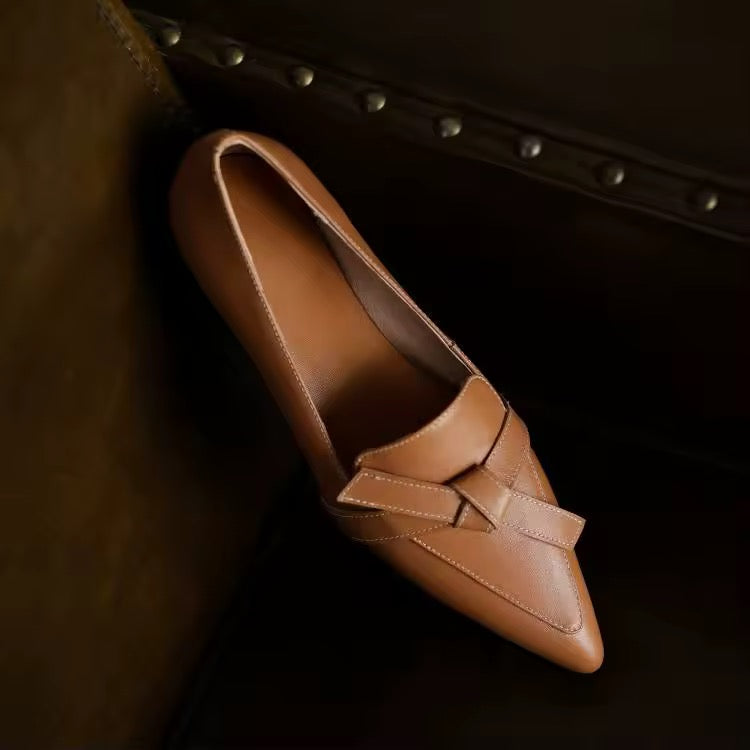 Saeda Cognac Pointed-Toe Block Heels Loafer