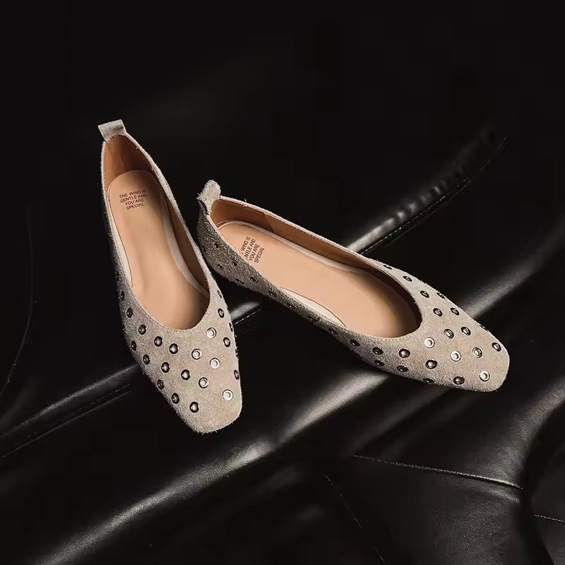Chloe Beige Leather Grommet High Vamp Ballet Flats