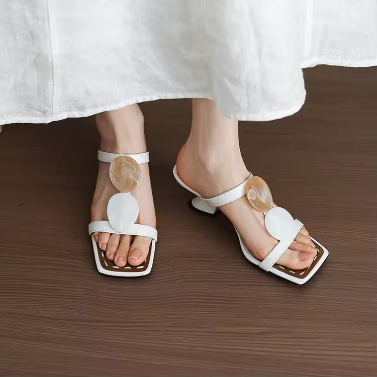 Roanna White Square Toe Marble Accent Heeled Sandals