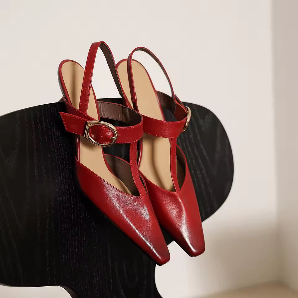 Jasmine Alsa Red Pointy Toe Stiletto T-Strap Shoes