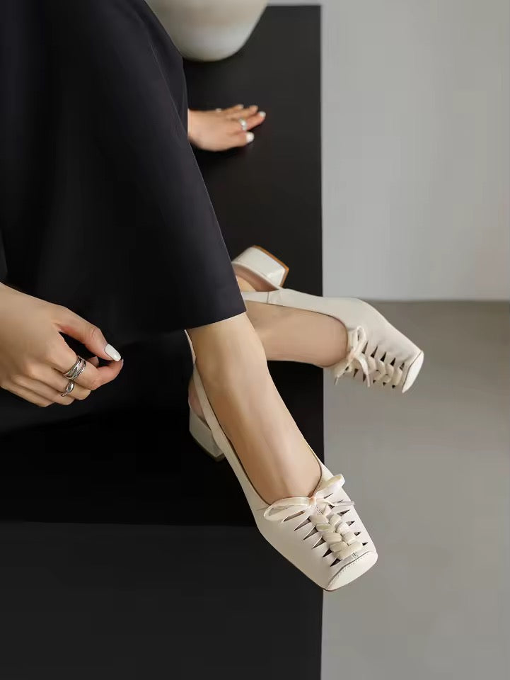 Lesilla Cream Woven Slingback Block Slingback Heels