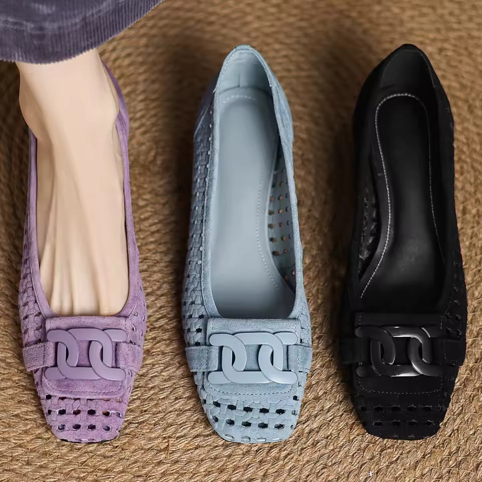 Isa Lavender Block Heel Perforated Suede Pumps