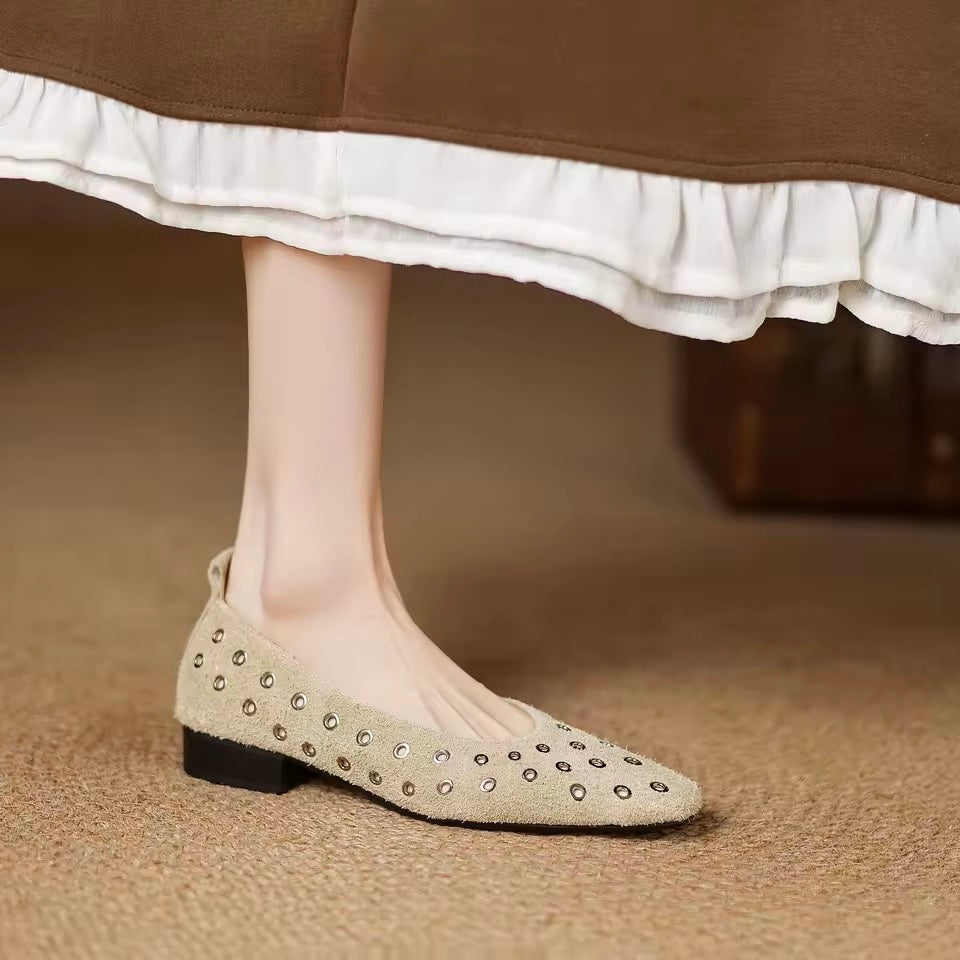 Chloe Beige Leather Grommet High Vamp Ballet Flats