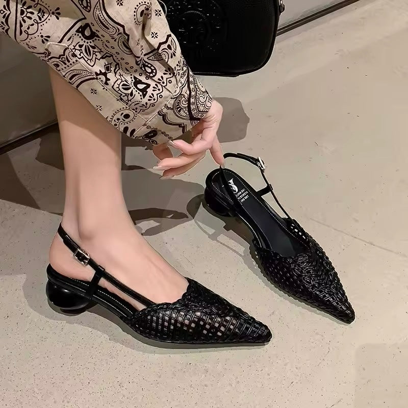 Tracy Black Woven Pointy-Toe Slingback