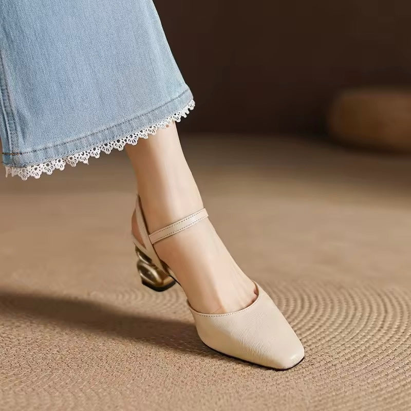 Freya Off-White Leather Sculptural Heel Slingback Sandals