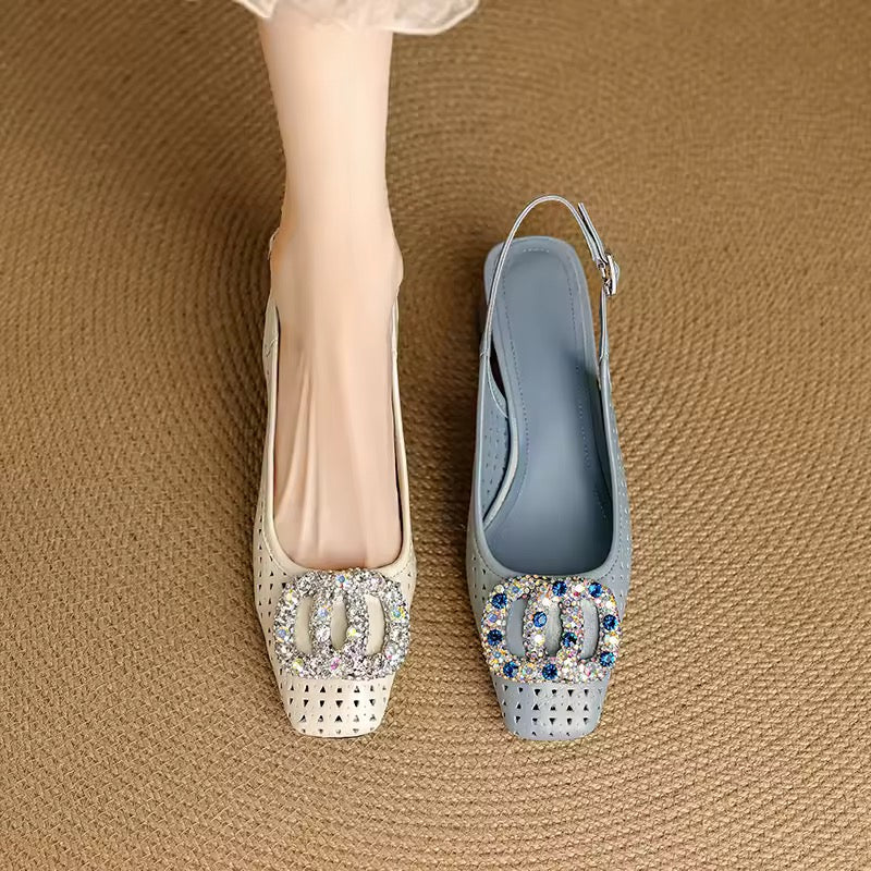 Amita Cream-White Perforated Crystal-Encrusted Slingback Sandals