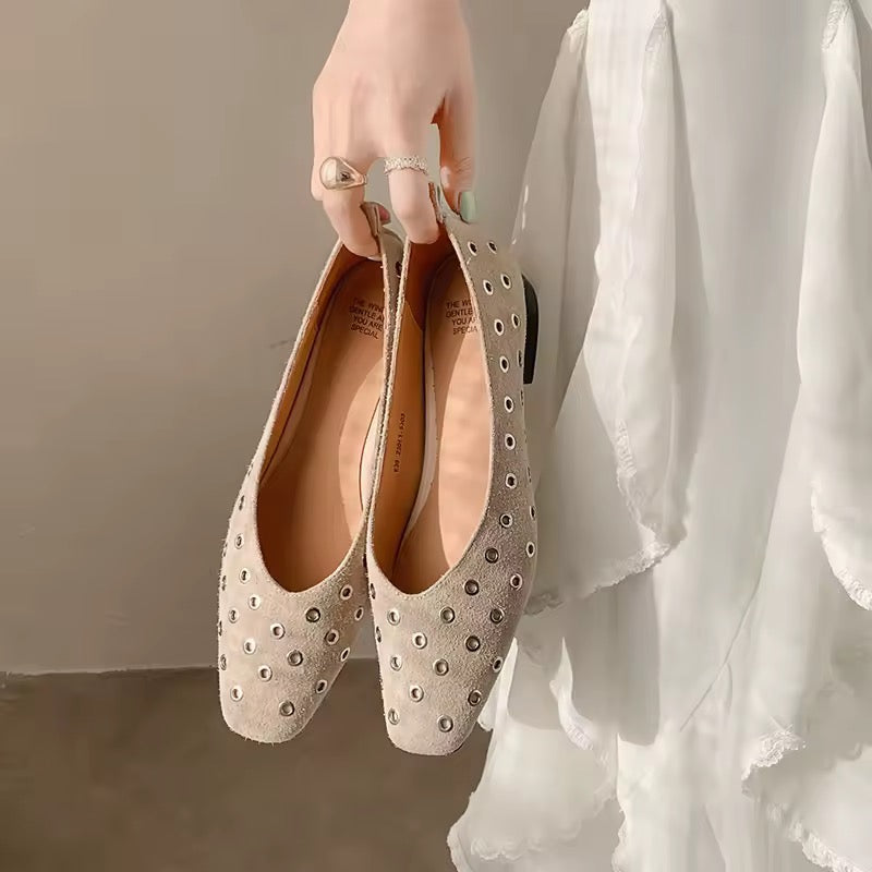 Chloe Beige Leather Grommet High Vamp Ballet Flats