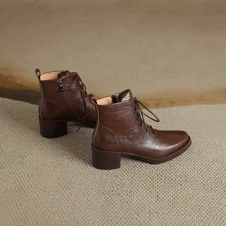 Roanna Brown Leather Lace-Up Block Heel Ankle Boots