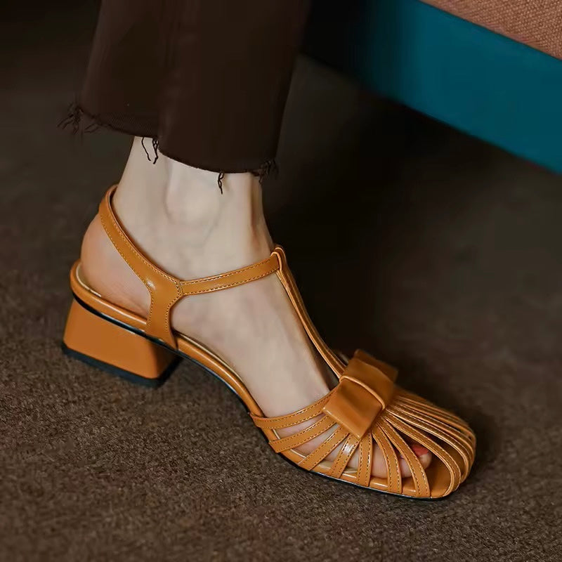 Hazel Orange Vintage Leather Gladiator Square Heels Sandals