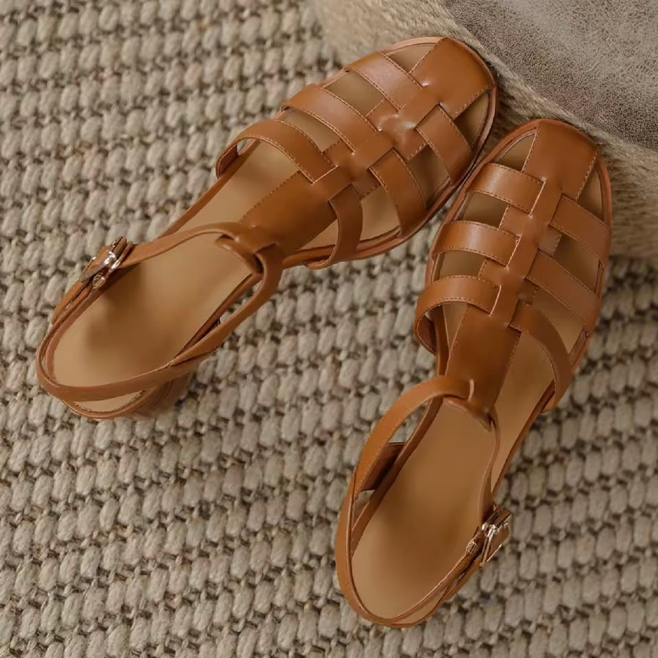 Zen Brown Leather Fisherman Block Heel Sandals