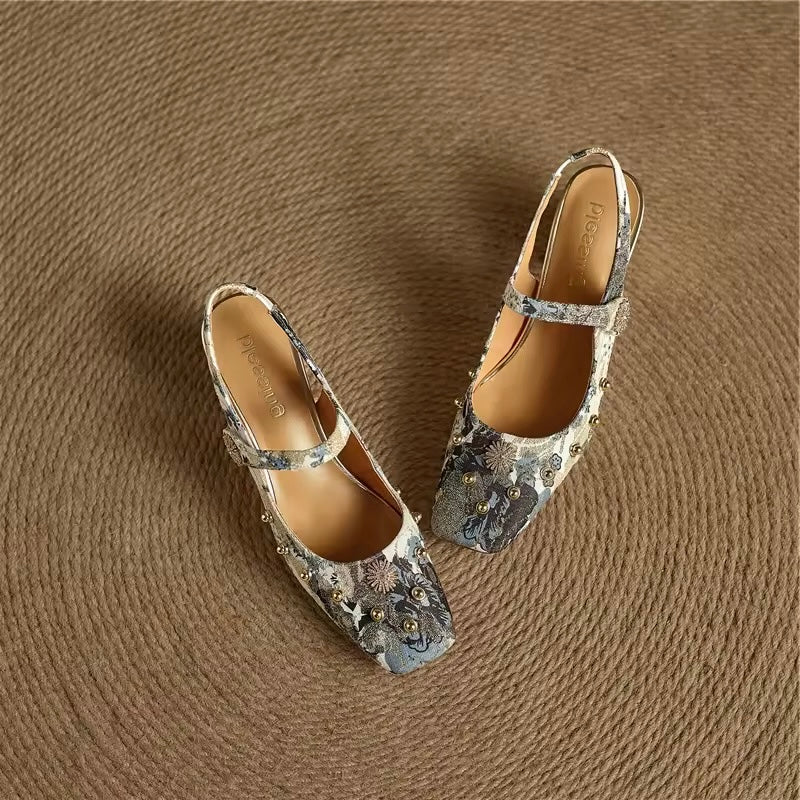 Tamia Blue Floral Mary Jane Block Heel Slingbacks