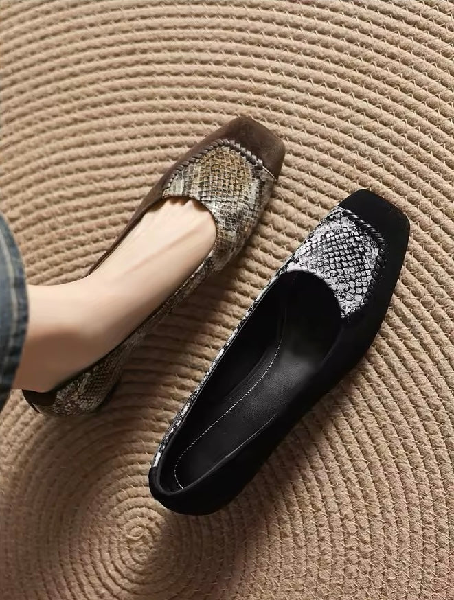 Faiz Brown Snakeskin Print Square-Toe Block Heel Pumps