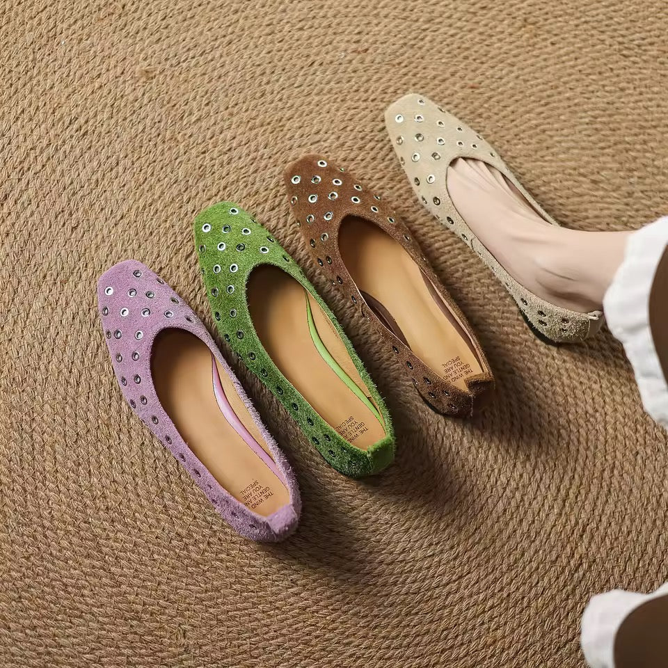 Chloe Green Leather Grommet High Vamp Ballet Flats