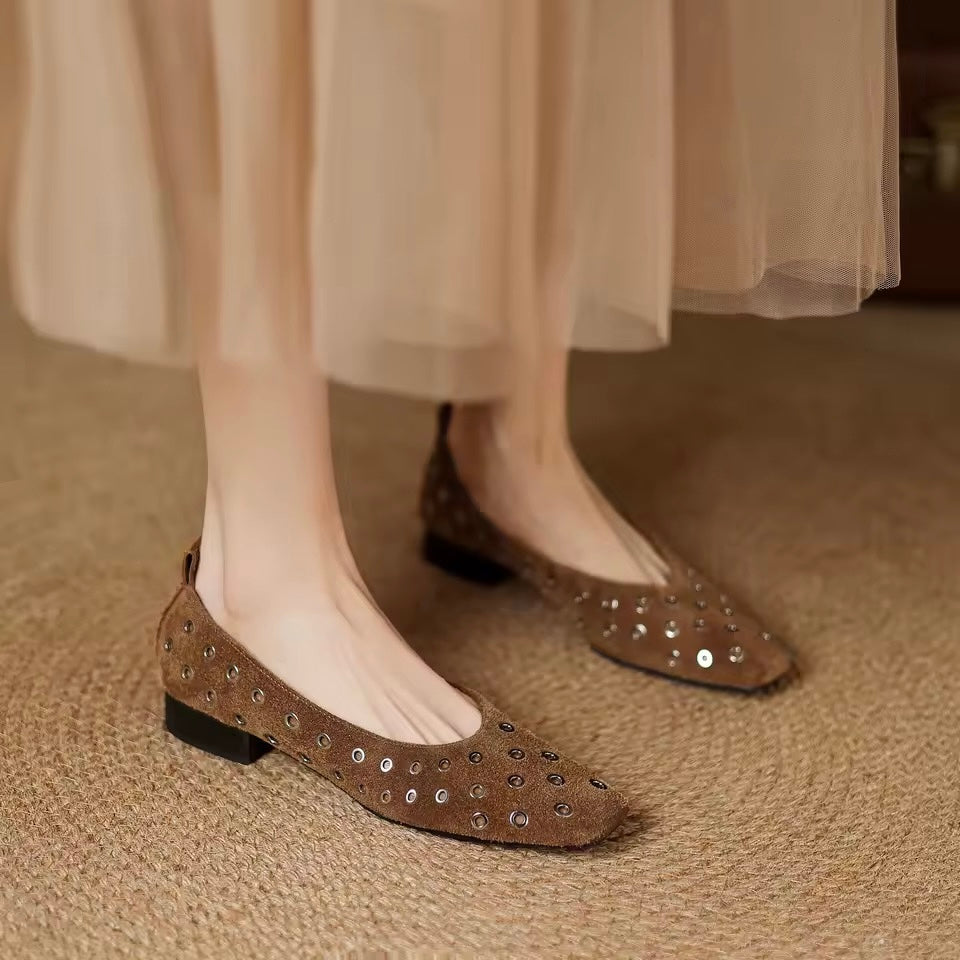 Chloe Brown Leather Grommet High Vamp Ballet Flats