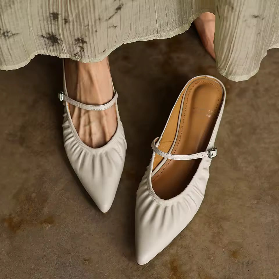 Jasmine Valerie Cream-White Leather Mary Jane Mules