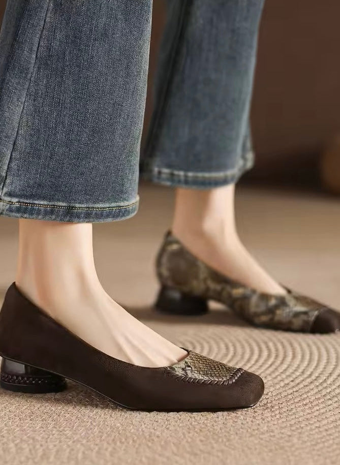 Faiz Brown Snakeskin Print Square-Toe Block Heel Pumps
