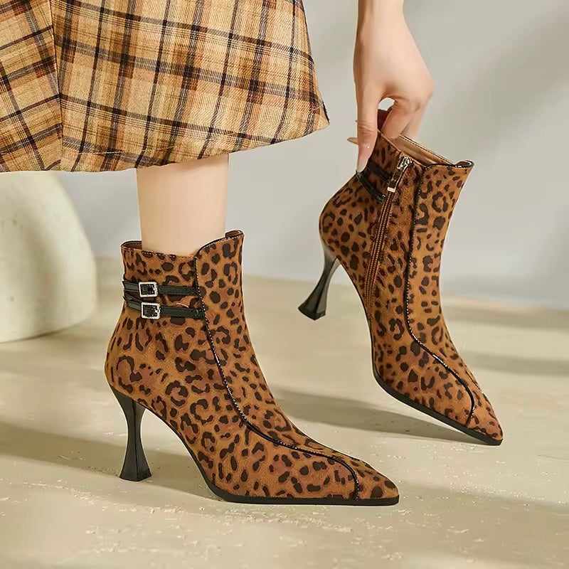 Celine Leopard-Print Flared Heel Leather Ankle Boots