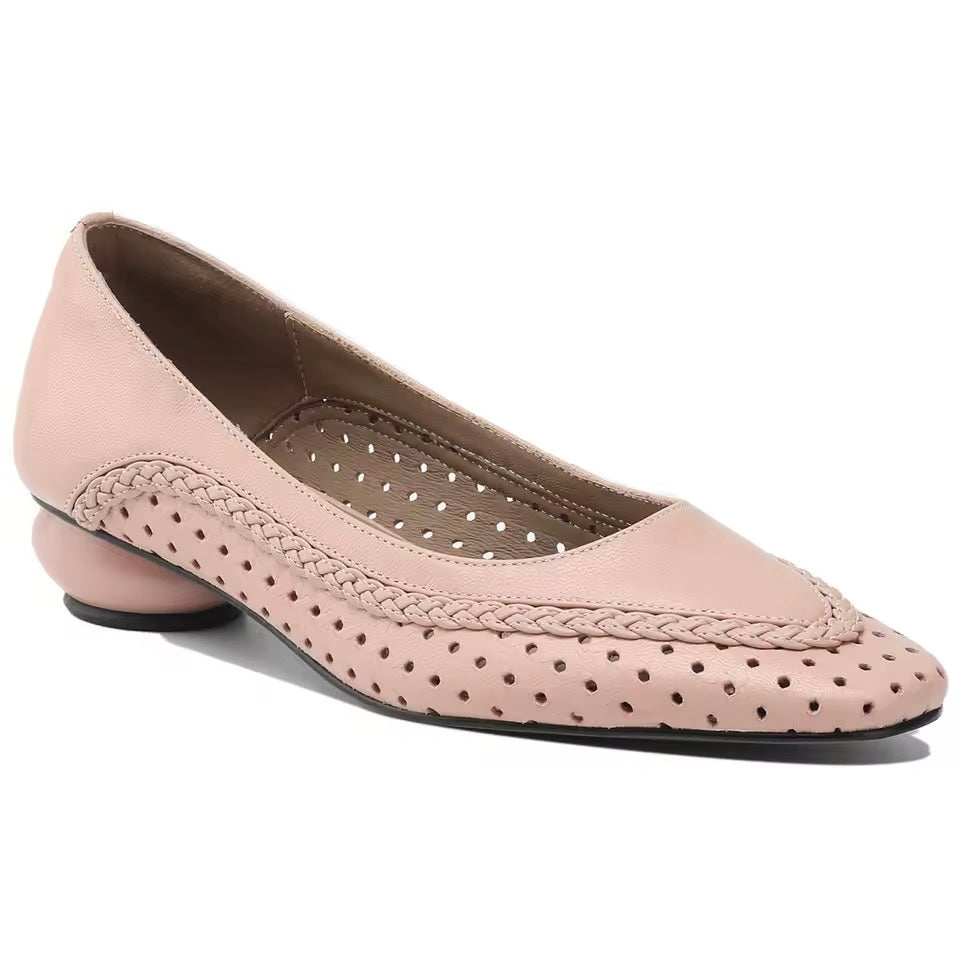 Alice Pink Leather Braided Trim Chunky Low Heel Pumps