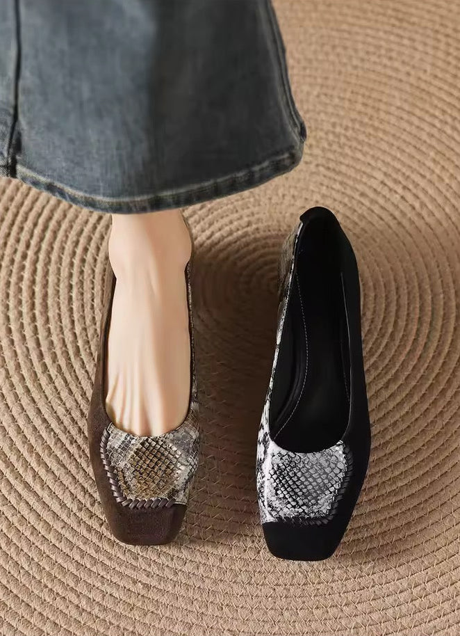 Faiz Brown Snakeskin Print Square-Toe Block Heel Pumps