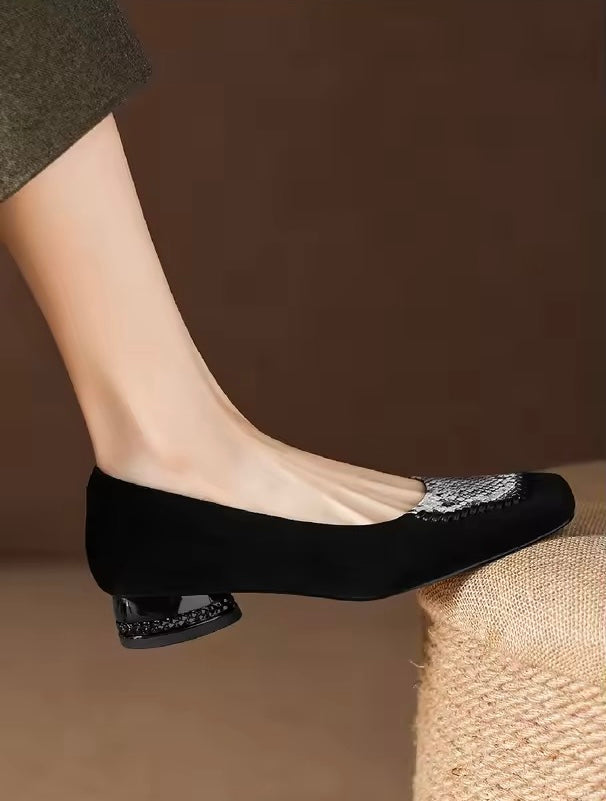 Faiz Black Snakeskin Print Square-Toe Block Heel Pumps