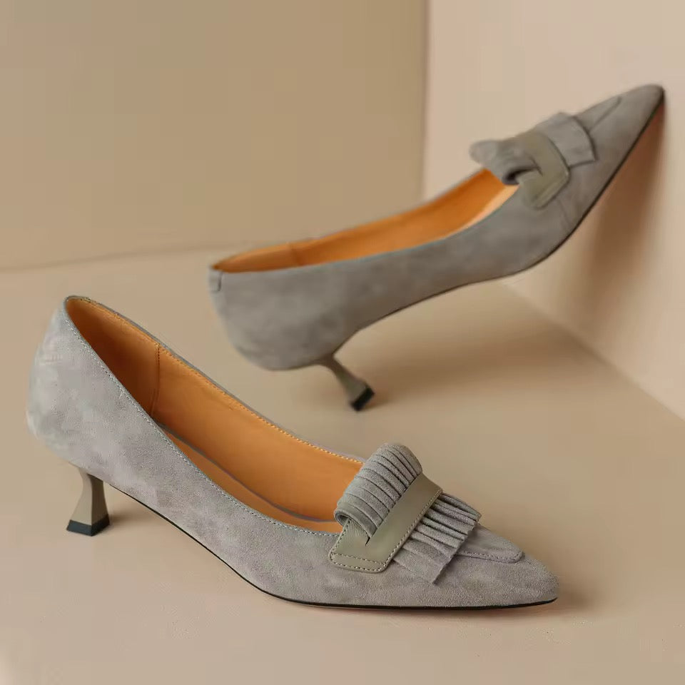 Rafi Gray Suede Vintage Kitten Heel Pumps