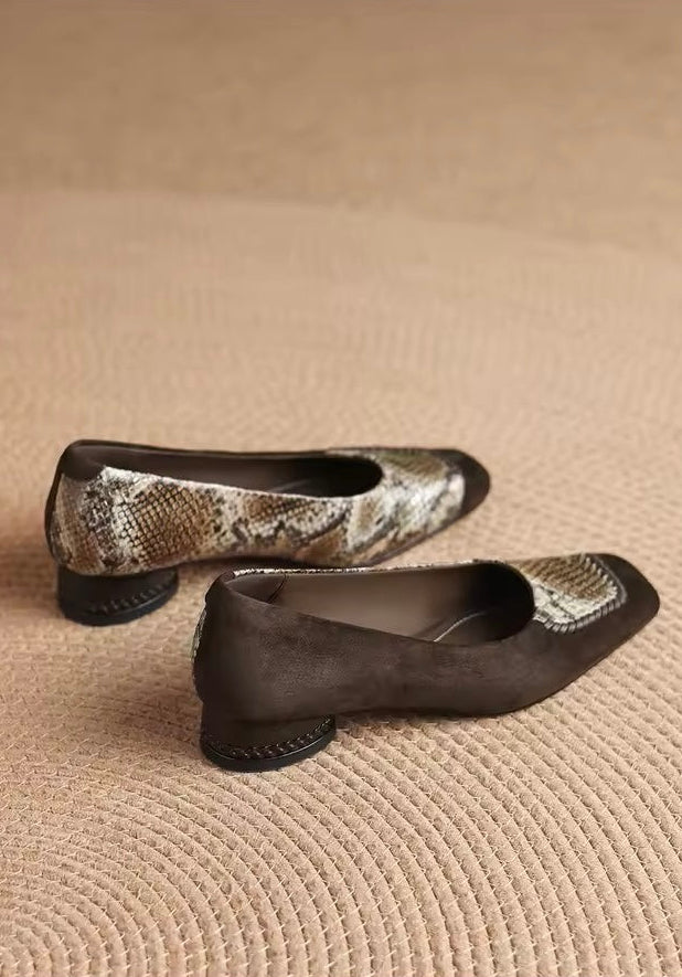 Faiz Brown Snakeskin Print Square-Toe Block Heel Pumps