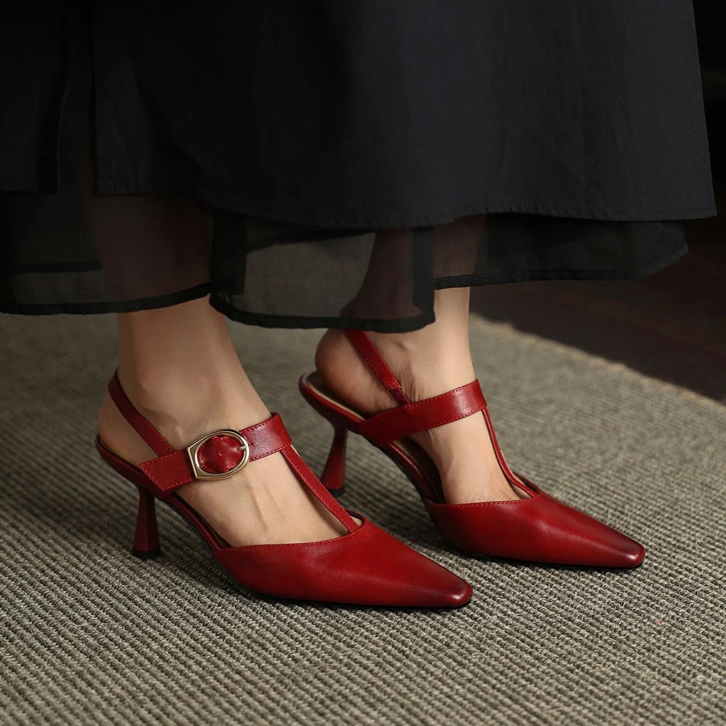 Jasmine Alsa Red Pointy Toe Stiletto T-Strap Shoes