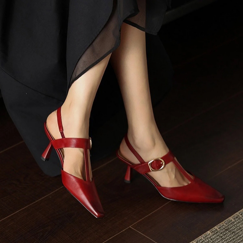 Jasmine Alsa Red Pointy Toe Stiletto T-Strap Shoes