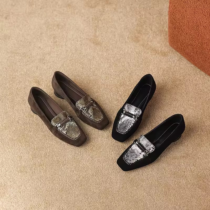 Arabella Black Suede Low-Heeled Silver Animal Print Loafers